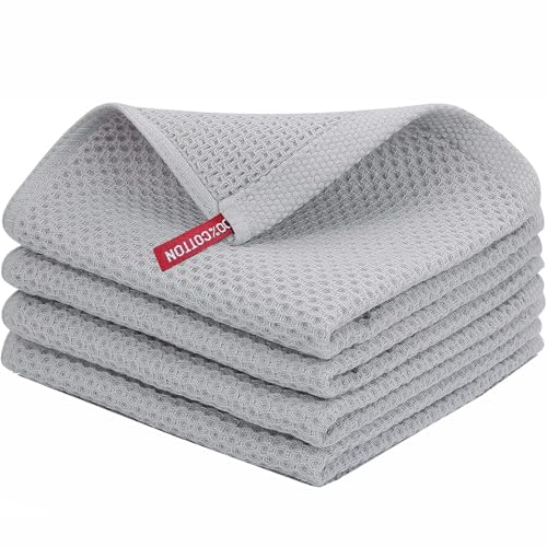 Image of Kitchen Cotton Lint Free Waffle Weave Hand Towels, Quick Drying Dish Cloths, Highly Absorbent Dish Rags Tea Towels Set with Hanging Loop, 13.4 inchx 13.4 inch, Light Grey, Pack of 4