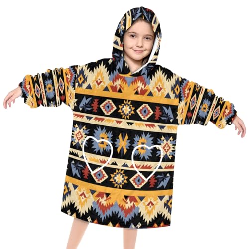 Wearable Blanket Hoodie for Kids, Shadowy Aztec Fleece Sweatshirt Blanket Oversized Blanket Sweatshirt with Pocket Flannel Warm Hooded Blanket 6-10 Year Old Girl Boy Gift, One Size