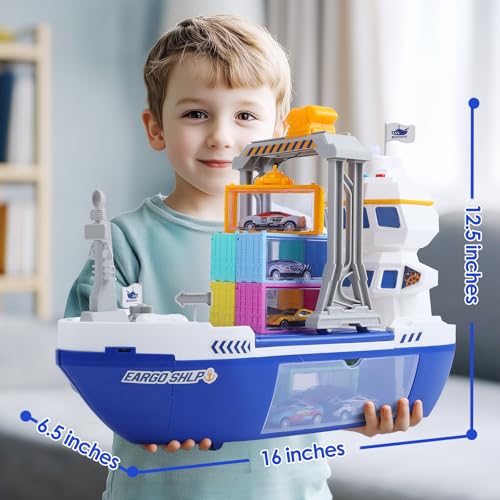 image for CUTE STONE Cargo Ship Toy & Gantry Crane, Toy Boat and Crane Playset w