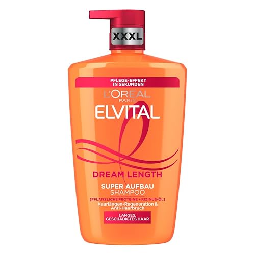 L'Oréal Paris Elvital Dream Length Super Aufbau Shampoo, für traumhaft langes Haar, mit Rizinus-Öl, Vitaminen & pflanzlichen Proteinen, 1 x 1000 ml - Dream Length - 1 l (1er Pack)