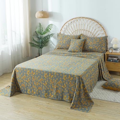Image of FADFAY Butterfly Sheets Set Queen Vintage Yellow Grey Floral Bedding Shabby Farmhouse Bedding Super Soft Washed Double -Layer Muslin Sheets 100% Cotton Deep Pocket Fitted Sheet 4Pcs, Queen Size