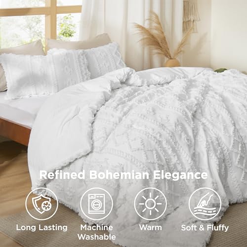 Image of Bedsure Tufted Boho Comforter Set Oversized King - Bright White Boho Bed Set, GentleSoft 3 Pieces Farmhouse-Style Embroidery Bedding, Gifts for Woman, Soft Jacquard Kids' Comforter for All Seasons