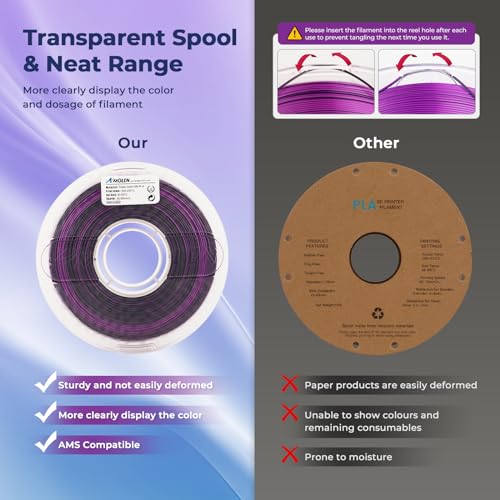 Image of AMOLEN Silk PLA 3D Printer Filament, Tri Color Black Blue Purple PLA 1.75mm, Shiny Multi Color Change Filament 3D Printing PLA Filament for Most FDM 3D Printer, 1kg Spool(2.2lbs)