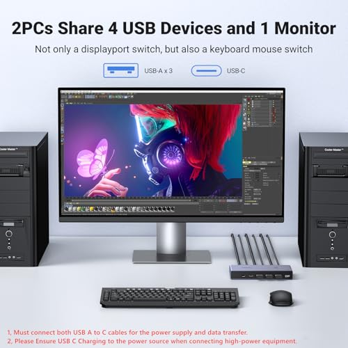 UGREEN 8K Displayport KVM Switch 2 in 1 Out DP1.4 with 4 USB 3.0 Ports(3 USB-A + 1 USB-C) Support 8K@60Hz 4K@240Hz Share 1 Monitor Keyboard Mouse U-Disk Printer, with 2 DP Cables, 2 USB A to C Cables by UGREEN - Image 3