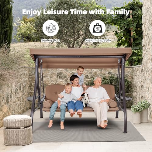 Image of HOMREST 3 Seat Outdoor Porch Swing with 1.5 inch Deepened Cup Holder, Adjustable Canopy, Patio Swing Bed with Stand, Patio Glider Swing with Thicken Cushions, Pillow for Yard, Garden(Brown)