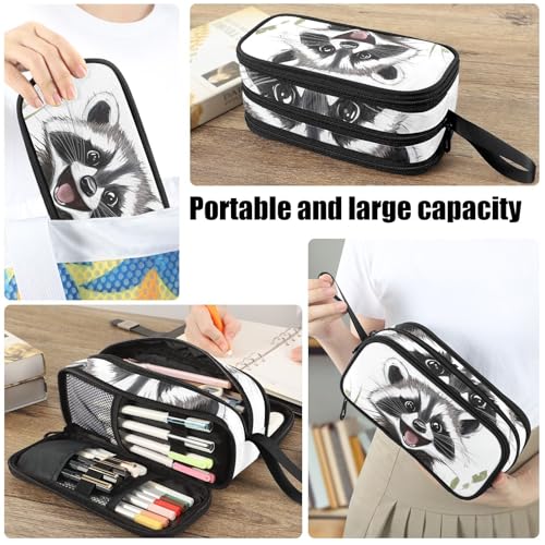 Image of Fustylead Happy Cute Raccoon Pencil Pen Case with 3 Compartments, Lightweight & Spacious Stationery Bag Cosmetics Bag