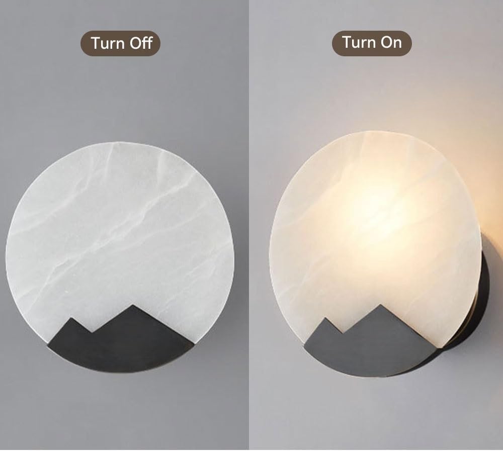 Modern Alabaster Wall Sconce, H65 Full Copper Round Wall Light Fixture with Mountain Silhouette, Natural Stone Wall Lamp for Bedroom Bedside Living Room Hallway Indoor Lighting Parlor(Gold)