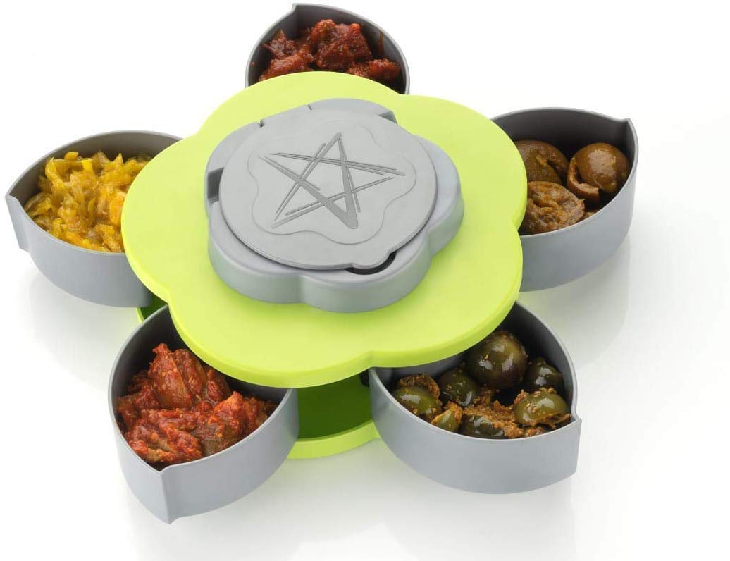 LIKEWARE 5 Compartments Flower Candy Box Serving Rotating Tray Dry Fruit, Candy, Chocolate, Snacks Storage Box, Masala Box for Home Kitchen (Assorted Color)