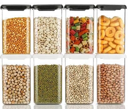 2Mech Containers for Airtight Plastic Square Container Set for Kitchen Storage 1100ml Container, Clear and Transparent Cereal Dispenser for Storage with Lids containers Set (Set of 8 BLACK-WHITE)