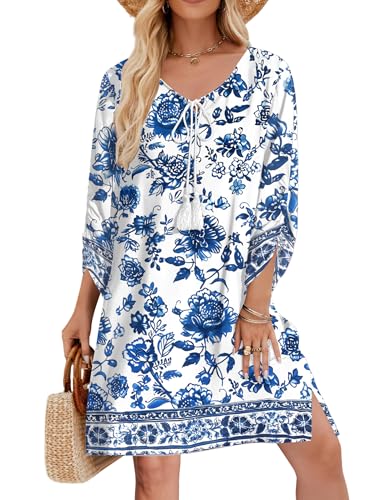 HOTOUCH Summer Women Casual Beach Summer Dress Boho Tassel Tie Neck 3/4 Long Sleeve Short Floral Print Flowy Beach Cover Up Sundresses Blue XL