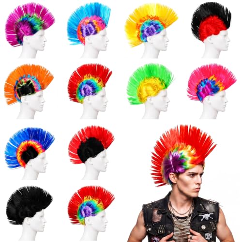 Image of Geyoga 12 Pcs Rainbow Mohawk Wigs for Men Multicolor Punk Rocker Wigs