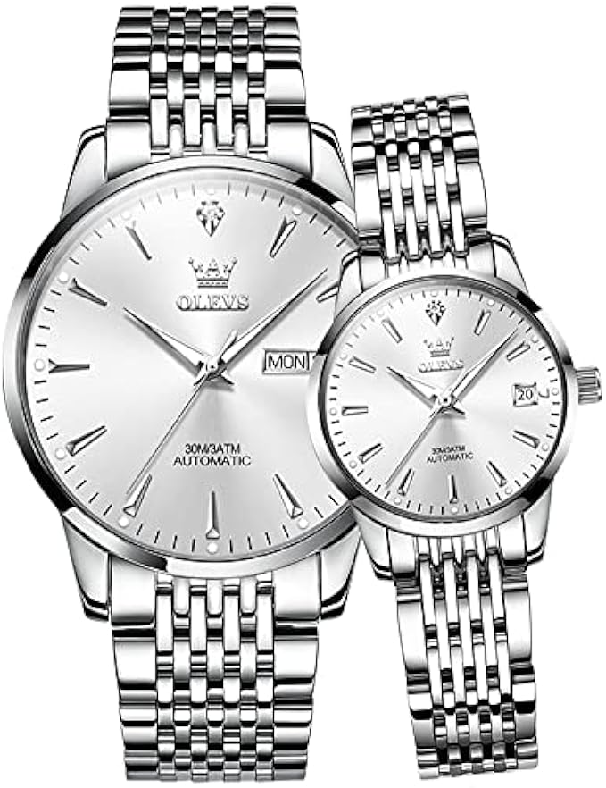 OLEVS Couple Pair Watches Set Men and Women Valentines Day Gifts Automatic Mechanical Self Winding Casual Dress His and Hers Watches