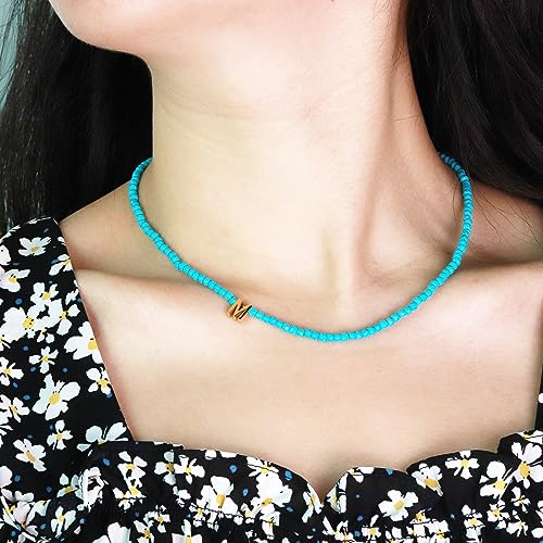 Dainty Turquoise Beaded Initial Asymmetrical Necklace, 18K Gold Plated Stainless Steel Letter Necklace3