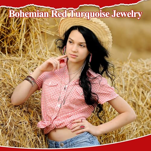 Image of Ecally Bohemian Western Jewelry Turquoise Set Women Country Pendant Long Choker Layered Bracelets Earrings Ring for Women