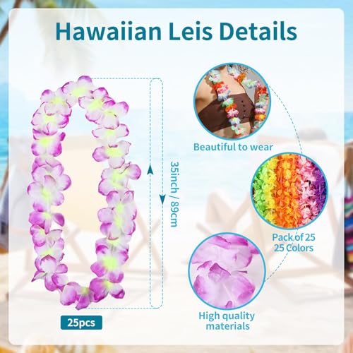 25pcs Leis for Luau Party - Colorful Hawaiian Leis Bulk Tropical Flower Lais Hawaii Decor for Summer Beach Pool Decoration Favour Supplies2