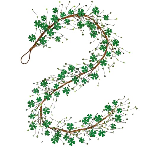 5.9 ft St Patrick's Day Garland with Green Glitter,Wooden Shamrock Garland with Berry for Mantle or Tabel, Green Shamrock Berry Wreath for St Patrick's Day Decorations
