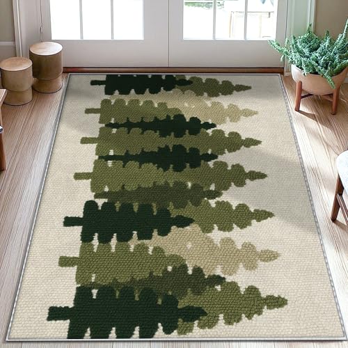 Pine Trees Area Rug, Rustic Nature-Inspired Green Shades Textured Background