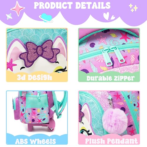 Meetbelify Cute Cat Rolling Backpack with Wheels for Elementary Preschool Students Kids Travel Luggage Carry on Backpack for Girls Ages 6-8 by Meetbelify - Used condition - Image 5