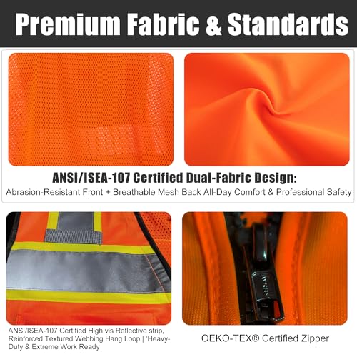 Image of A-SAFETY High Vis Reflective Safety Vest for Men Women Zipper Ipad Pockets Mesh Construction Apparel Neon Vest for Work