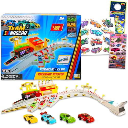 Nascar Race Track and Toy Car Set - Bundle with Nascar Raceway Pitstop Expandable Play Set with 4 Racecars Plus Stickers, Tattoos, More | Race Track Toys for Boys