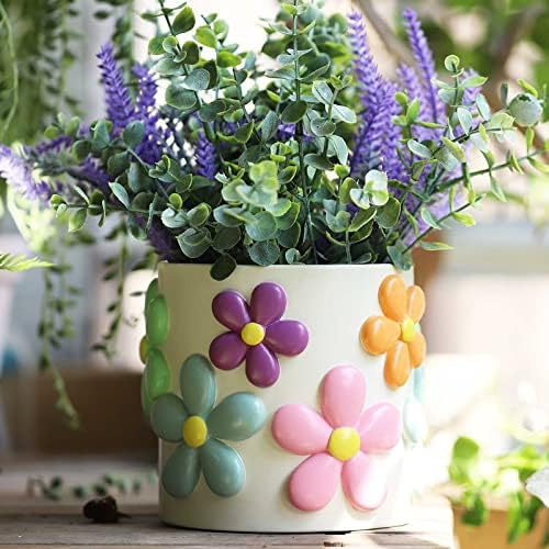 GUGUGO Colorful Flowers Planters Cute Unique Rainbow Planter with Drainage, Vintage Retro Flower Plant pots for Indoor & Outdoor Plants, Eclectic Succulent Gardening Pot for Boho Modern Home Décor