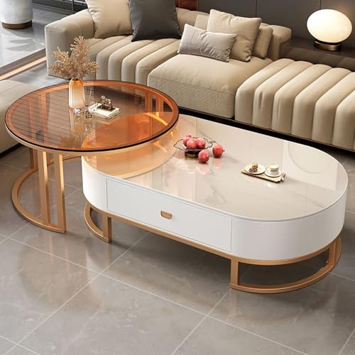 Image of CUCKQUIC Oval Stone Nesting Coffee Table Set for Living Room, Modern Steel Frame Nested Coffee Table Set of 2, Modern Round Coffe Table for Living Room, Bedroom D,70x45+100x50x38cm