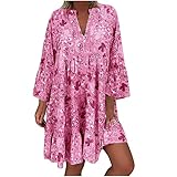 Damen Sommer Tunika Kleid V-Ausschnitt Casual Lose Strandkleid Boho Kleid Blumendruck Rüschen Saum Glockenarm Swing Shift Kleider Sommerkleid