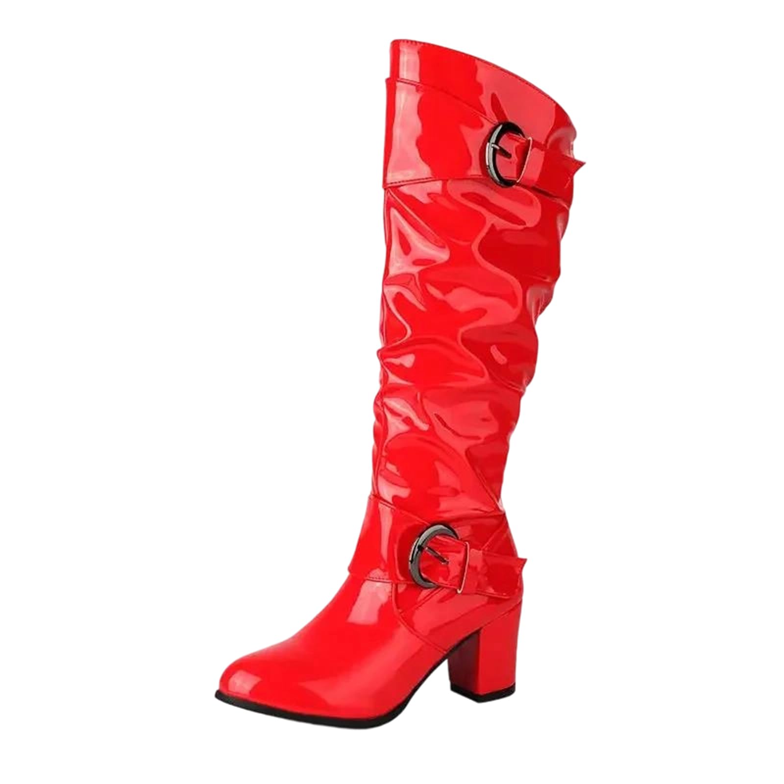 Alloaone Womens Red Patent Leather Knee High Boots Pointed Toe High Square Heel With Platform And Buckle Zipper