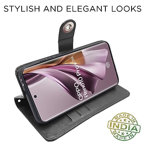 Image of Pikkme Oppo Reno 10 Pro Plus 5G Flip Cover Leather Finish | Inside TPU with Card Pockets | Wallet Stand and Shock Proof | Complete Protection Button Flip Case (Black)