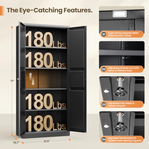 Image of Yizosh Metal Storage Cabinet with 2 Doors and 5 Adjustable Shelves - 71 inch Black Kitchen Pantry Storage Cabinet, 5-Tier Tall Steel Cabinet Locker for Kitchen, Living Room, Dining Room