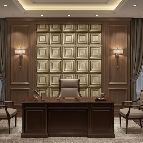 Image of Kayra Decor 3D PVC Wall Panels for Bedroom & Living Room | Frame Design | Golden Color| 19.7 x 19.7 Inch | Pack of 12 | 32.28 Sq Ft