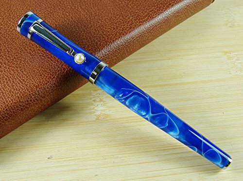 Lanxivi Fuliwen Blue Celluloid Fountain Pen Rollerball Pen Coffee Leather Pen Case Set #TOP4