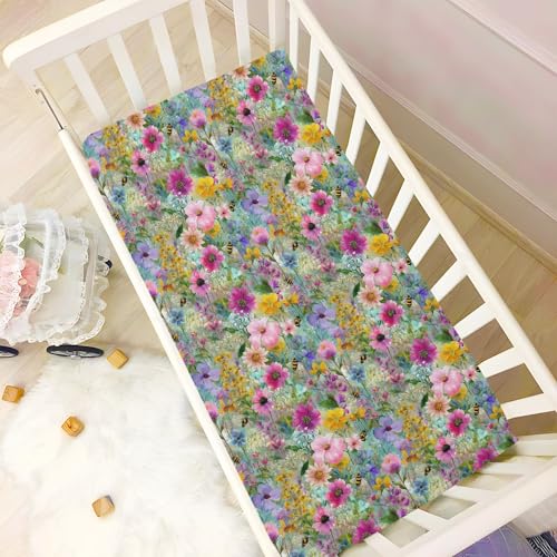 Image of Crib Sheet Breathable Soft Crib Mattress Sheet for Baby Toddler Boys Girls Fitted Crib Sheet Fit Standard Crib Mattress 39 x 27 Inch Colorful Bees Flowers