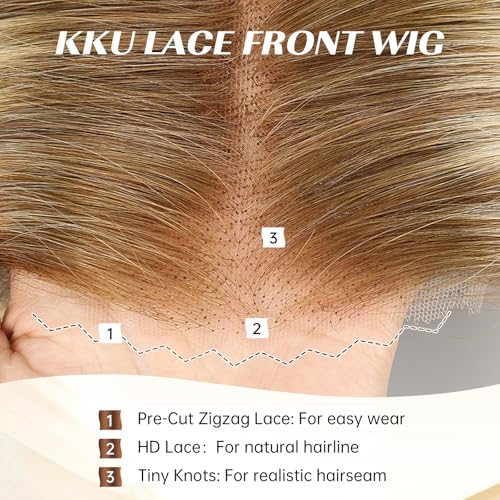 Image of KKU 16 Inch Ombre Blonde Brown Wig Human Hair,Human Hair Wigs for Women,5x5 Lace Front Wigs for women