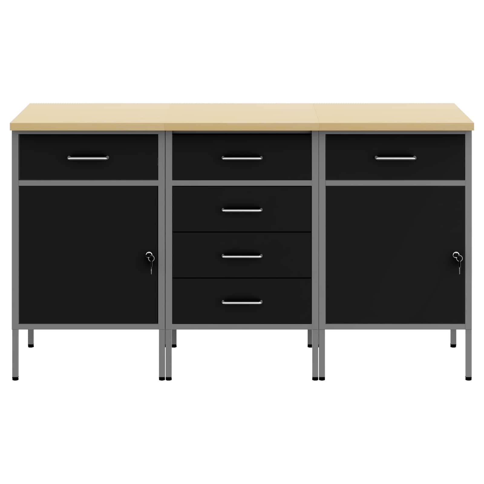 Banco de trabajo con cajones negro y gris, 150 x 55 x 85 cm, armario de madera de acero resistente con 6 cajones, ideal para taller, garaje, sala de ocio