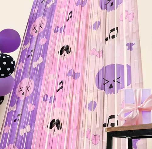 Image of Bupelo Kawaii Birthday Decorations, 2 Pack Purple and Light Pink Birthday Party Supplies 3.3 x 6.6ft Tinsel Foil Fringe Curtains Photo Booth Props Backdrop Streamers, Dark Cute House Room Decor