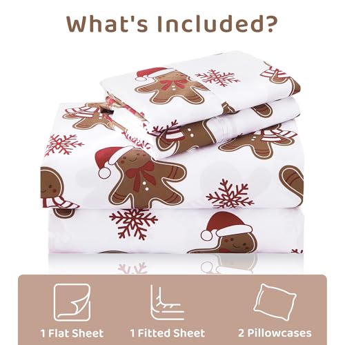 Image of Mooreeke Cozy Christmas Microfiber Printed Queen Sheet Set - Soft & Breathable Percale Brown Winter Bed Sheets with Extra Deep Pocket - Non-Slip Fitted Design - Red Snow Gingerbread Pattern