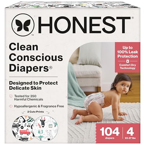Image of The Honest Company Comfort Dry Disposable Diapers for Sensitive Skin, Hypoallergenic, Space Travel + Big Trucks, Super Club Box Size 4 (22–37 lbs) 104 Count