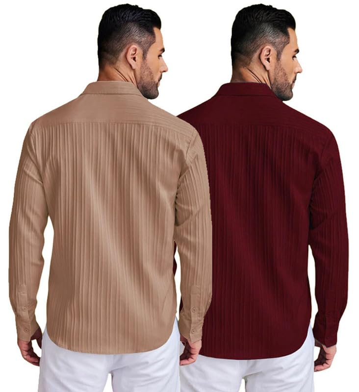 Image of DEELMO Combo of Men's Casual Button Down Shirts Long Sleeve Linen Shirt Fashion Textured Summer Shirts Pack of 2