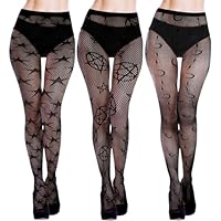 3 Pairs Fishnet Stockings Women Black Floral Tight Legging Stockings, Lace Black Star Patterned High Waist Tights for Party Pantyhose Halloween
