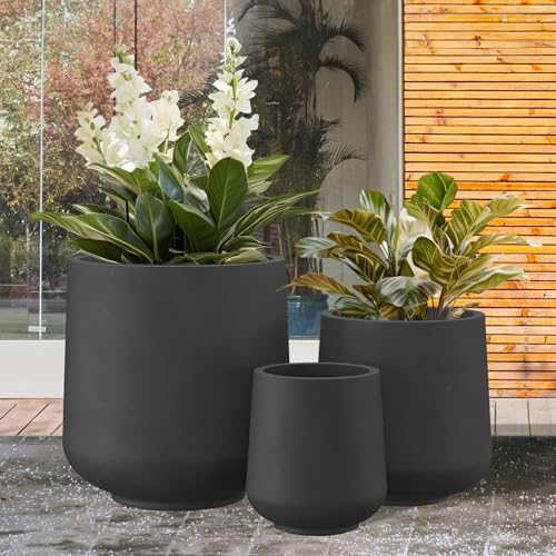 Image of Kante Set of 3 Black Concrete Curved Planters 16.5 inch 13 inch 9.4 inch Dia | Drainage for Outdoor, Rubber Plug for Indoor Home, All-Weather Cement Pot, Handcraft, Lightweight & Durable, Anti-UV, Round
