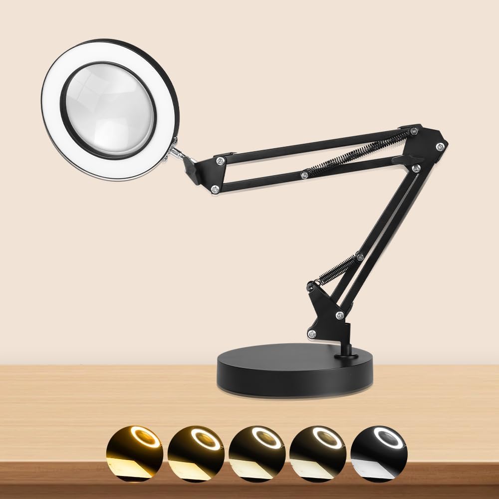 Magnifying Glass with Light and Stand, 10X LED Magnifying Lamp with 5 Color Modes & 10 Brightness Levels, 10.5" Adjustable Swing Arm Magnifier with Light, USB Powered Desk Lamp for Reading, Crafts