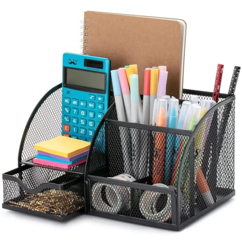 Image of Pratyush Metal Desk Organizer | 6-Compartment Storage Caddy Holder with Drawer | Keeps Pens, Scissors and Stationery Storage Tidy for Home, Office, Study Table and WFH Desk Setup (Black)
