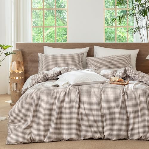 Image of MooMee Gingham Duvet Cover Set 100% Washed Cotton Linen Like Textured Breathable Durable Soft Comfy Modern Checkered Design (Mini Gingham Brown, Queen 90 inchx90 inch)