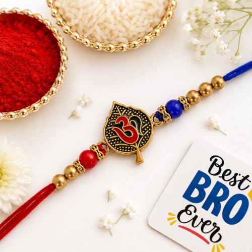 Image of eCraftIndia Red & Blue Om Symbol On A Leaf Designer Rakhi, Best Bro Ever Fridge Magnet with Roli Chawal Pack - Rakhi for Brother, Bhaiya, Bhai