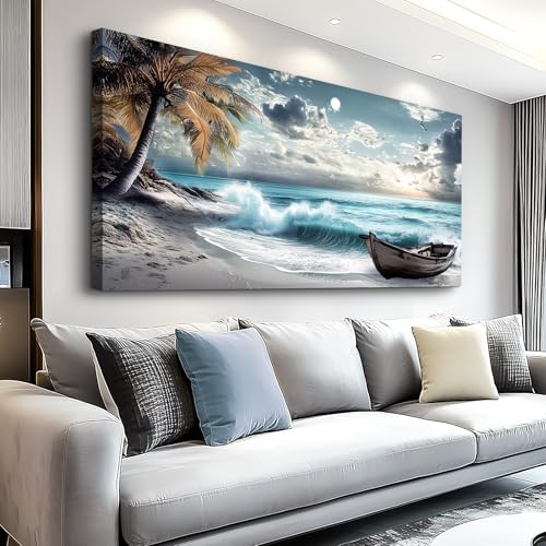 Image of XIGUANGART Beach Large Canavs Wall Art Wall Decor for Living Room Art Prints for Bedroom Above Bed Coconut Trees Pictures Rustic Coastal Artwork Nature Landscape Painting for Home Office 30x60 IN
