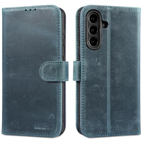 Étui en cuir véritable bleu rétro pour Samsung Galaxy A56 5G LENSUN