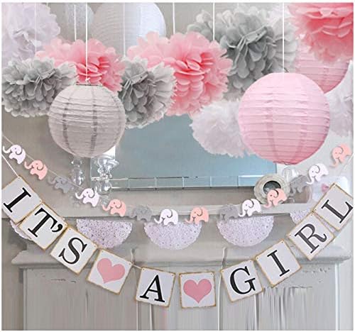 luckylibraBaby Girl Baby Shower Decorations, It is a Girl Banners and Paper Lantern Paper Flower Pom Poms ï¼Ë†Pink White Greyï¼â€°