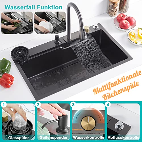 Küchenspüle Spülbecken Schwarz Raindance Wasserfall Spüle, Einbauspüle 75 x 45 cm Küchenspüle 304 Edelstahl mit Wasserhahn Glasspüler und Schneidebrett, 1 Becken