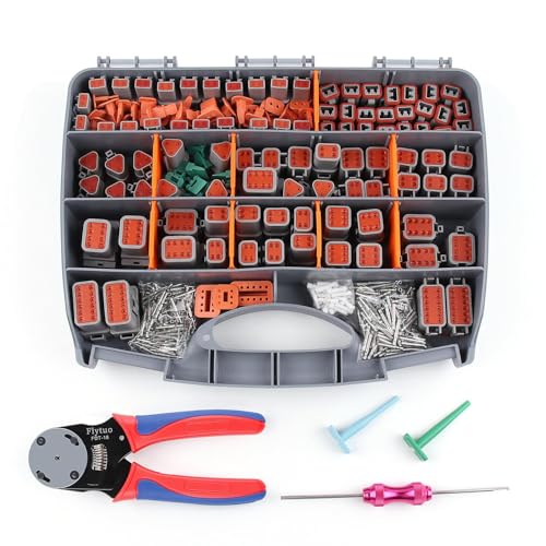 Flytuo 636PCS Deutsch Connectors Kit with Crimping Tool - 2/3/4/6/8/12 Pin Automotive Waterproof DT Connectors with Crimper Removal Tool Size 16 Solid Terminal Contacts 14-18 AWG (Grey)